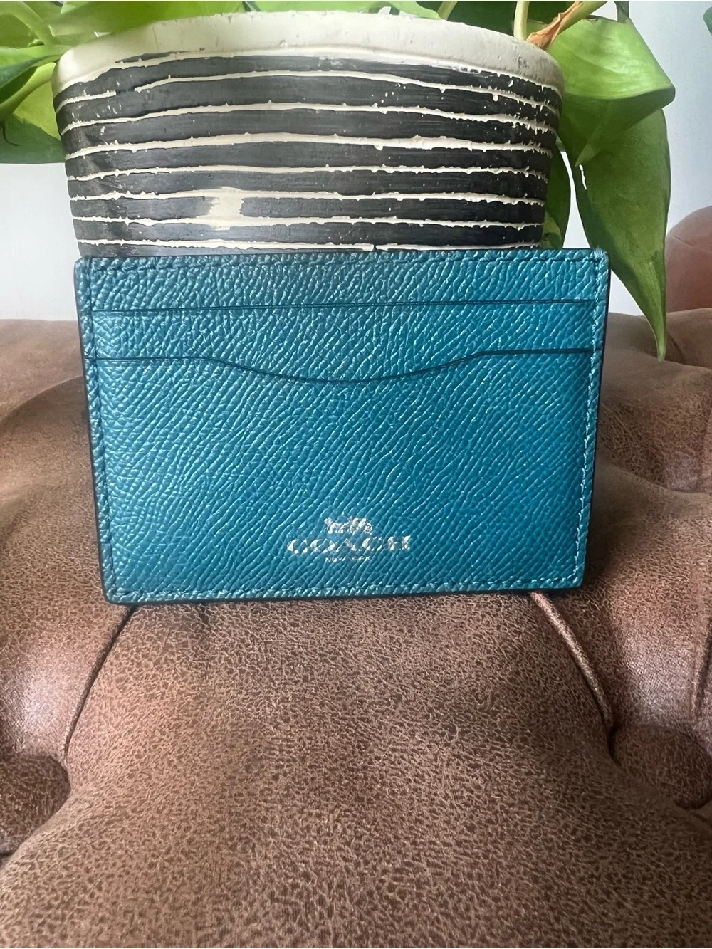 Coach Teal Pebbled Leather Card Case with Some Sparkle